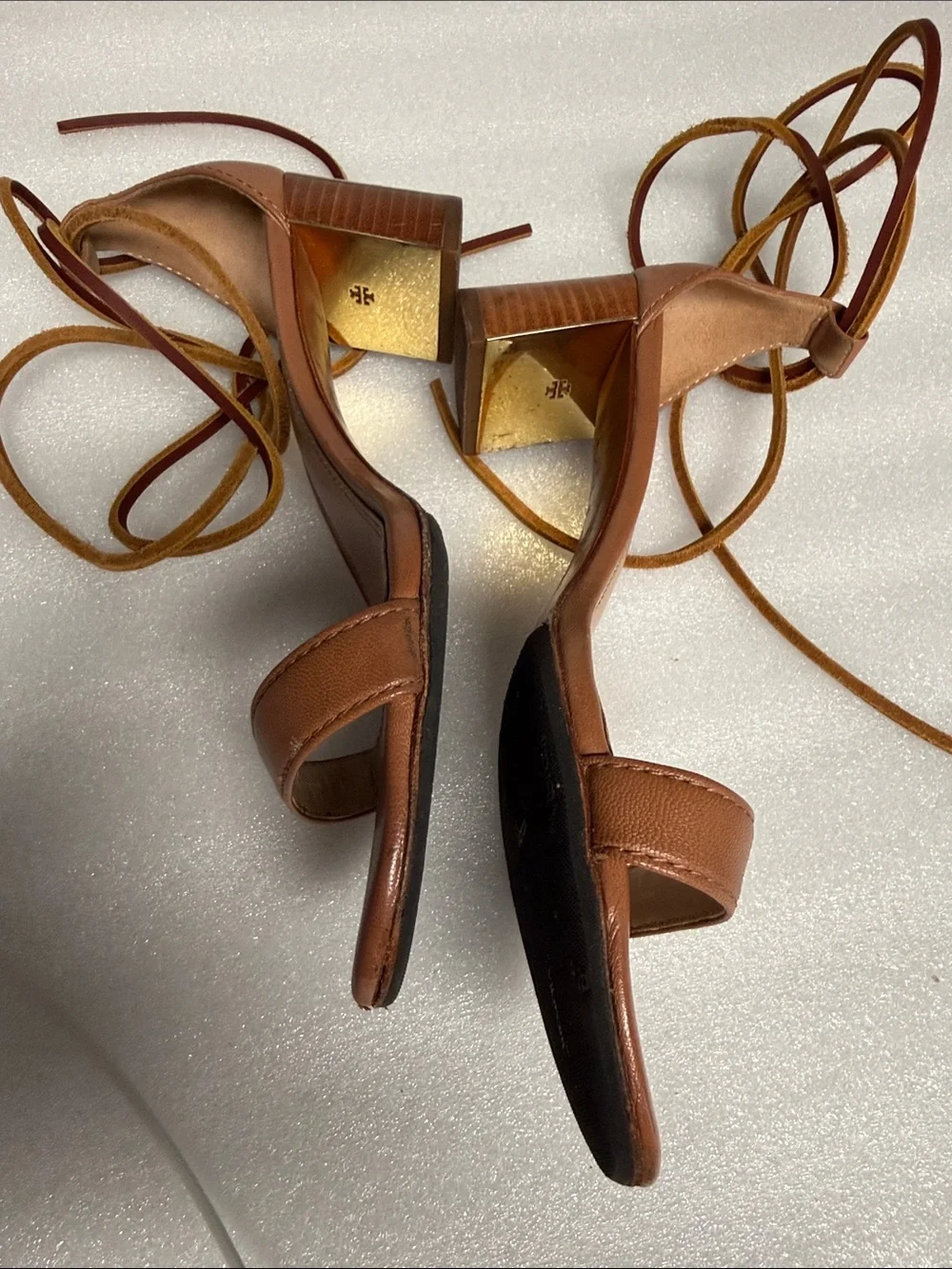 Tory Burch Brown Leather Lace-Up Block Heel Sandals Size 9M
